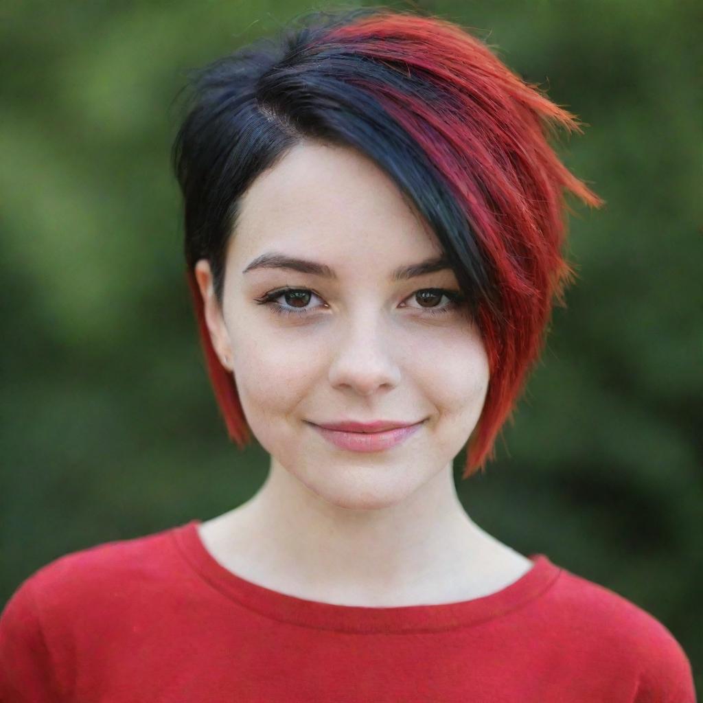 A stylish teen with vibrantly dyed short hair that transitions from black at the roots to fiery red at the tips.