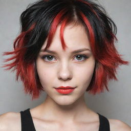 A stylish teen with vibrantly dyed short hair that transitions from black at the roots to fiery red at the tips.