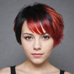 A stylish teen with vibrantly dyed short hair that transitions from black at the roots to fiery red at the tips.