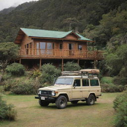 A beautiful wooden villa in an idyllic New Zealand setting, surrounded by native fauna, with a Land Cruiser parked outside