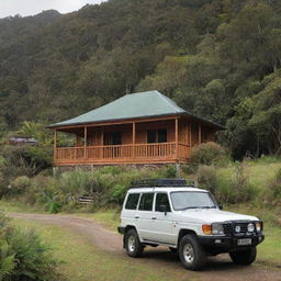 A beautiful wooden villa in an idyllic New Zealand setting, surrounded by native fauna, with a Land Cruiser parked outside