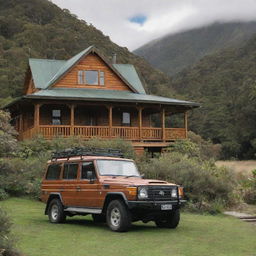 A beautiful wooden villa in an idyllic New Zealand setting, surrounded by native fauna, with a Land Cruiser parked outside