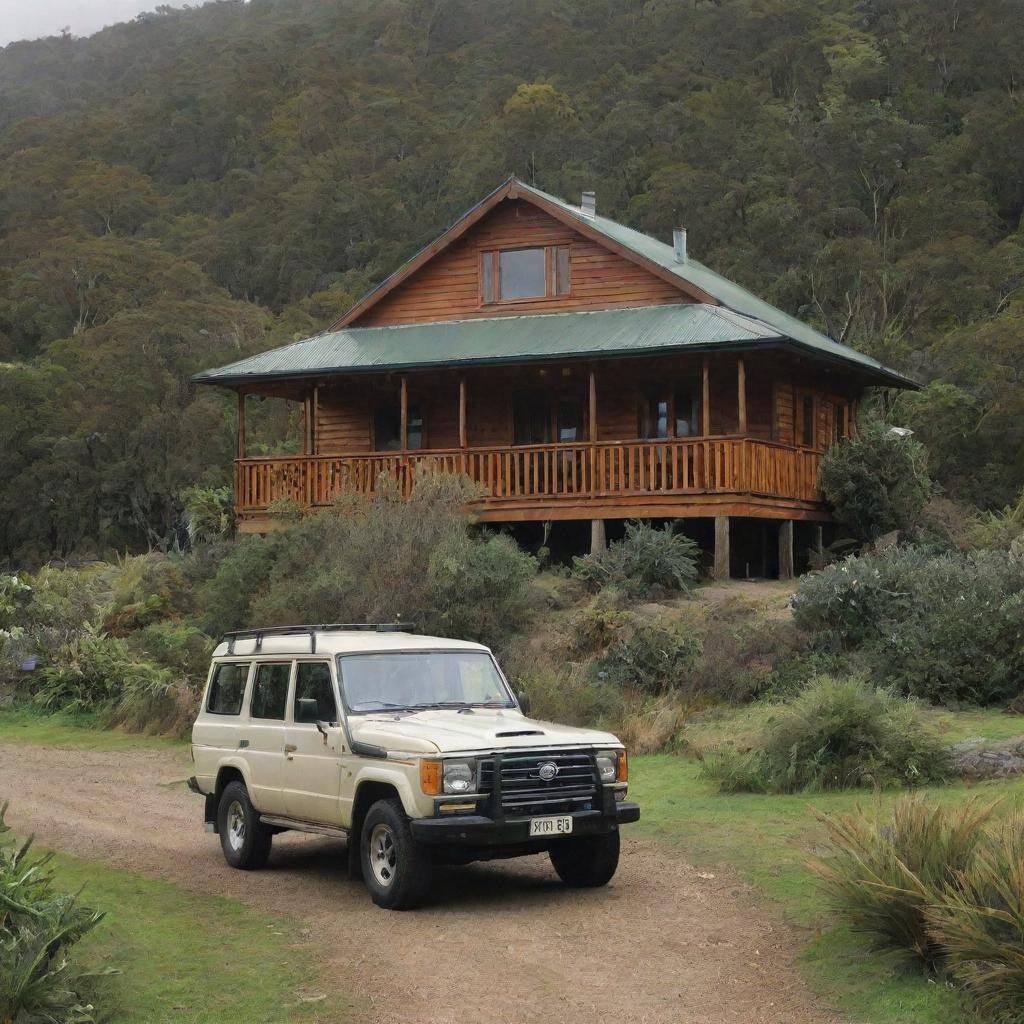 A beautiful wooden villa in an idyllic New Zealand setting, surrounded by native fauna, with a Land Cruiser parked outside