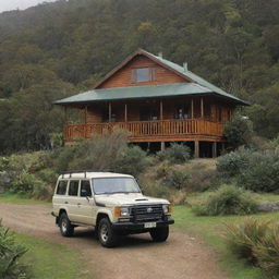 A beautiful wooden villa in an idyllic New Zealand setting, surrounded by native fauna, with a Land Cruiser parked outside