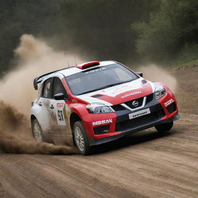 A dynamic image featuring Nissan rally cars, encapsulating their powerful performance and distinctive design aesthetics.