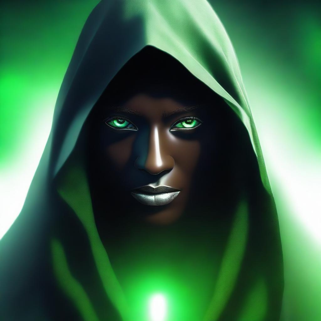 A digital art featuring an enigmatic figure with dark skin, cloaked in white shadows