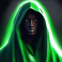 A digital art featuring an enigmatic figure with dark skin, cloaked in white shadows