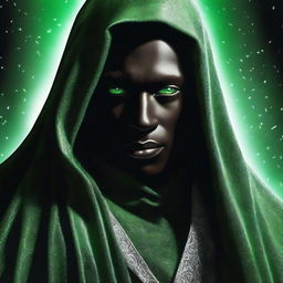 A high-quality digital art image portraying an enigmatic mentor figure with dark skin