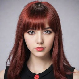 A fashionably-dressed teen with distinct brown eyes and striking red and black dyed hair, complemented with stylish bangs.