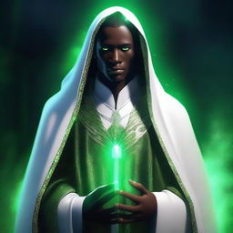 A top-quality digital art image showcasing an enigmatic mentor figure with dark skin