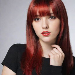 A fashionably-dressed teen with distinct brown eyes and striking red and black dyed hair, complemented with stylish bangs.