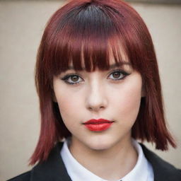 A fashionably-dressed teen with distinct brown eyes and striking red and black dyed hair, complemented with stylish bangs.