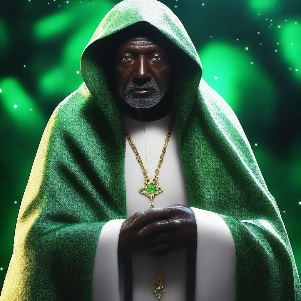 This is a high-quality digital art image, featuring an ageless mentor figure with dark skin, shrouded in a sparkling white cloak