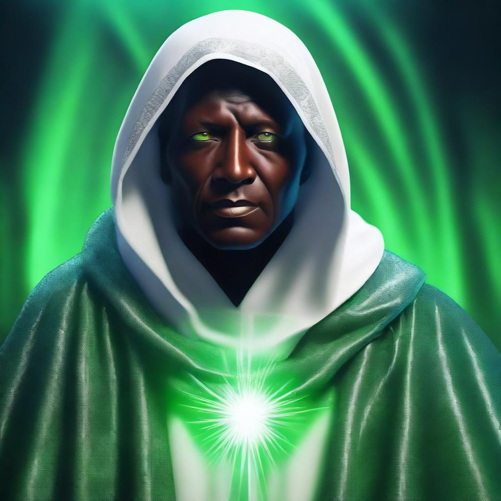 This is a high-quality digital art image, featuring an ageless mentor figure with dark skin, shrouded in a sparkling white cloak