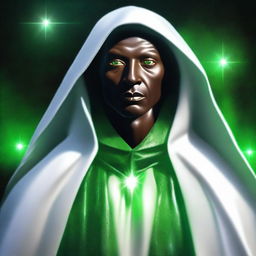 This is a high-quality digital art image, featuring an ageless mentor figure with dark skin, shrouded in a sparkling white cloak