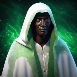 This is a high-quality digital art image, featuring an ageless mentor figure with dark skin, shrouded in a sparkling white cloak