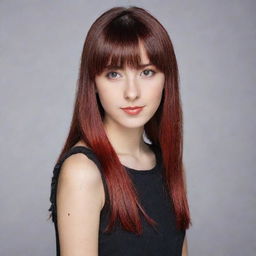 A fashionably-dressed teen with distinct brown eyes and striking red and black dyed hair, complemented with stylish bangs.