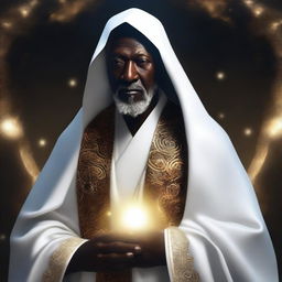 A high-quality digital art image, depicting an ageless mentor with dark skin, known as the master of truth