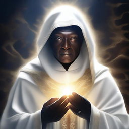 A high-quality digital art image, depicting an ageless mentor with dark skin, known as the master of truth