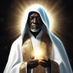 A high-quality digital art image, depicting an ageless mentor with dark skin, known as the master of truth