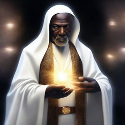 A high-quality digital art image, depicting an ageless mentor with dark skin, known as the master of truth