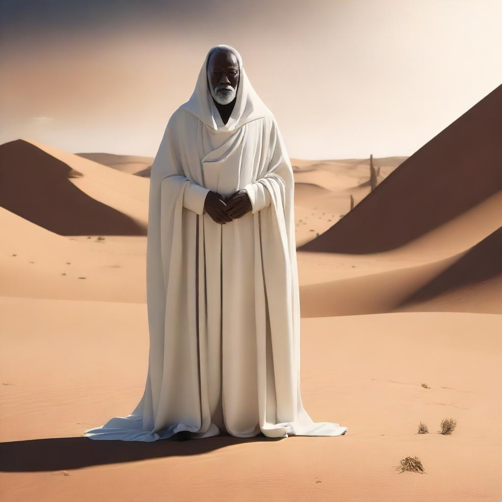 This is a high-quality digital art image, featuring an ageless mentor, known as the master of truth, standing among desert men