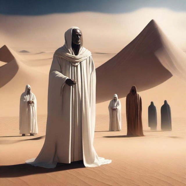 This is a high-quality digital art image, featuring an ageless mentor, known as the master of truth, standing among desert men