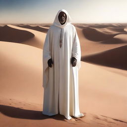 This is a high-quality digital art image, featuring an ageless mentor, known as the master of truth, standing among desert men