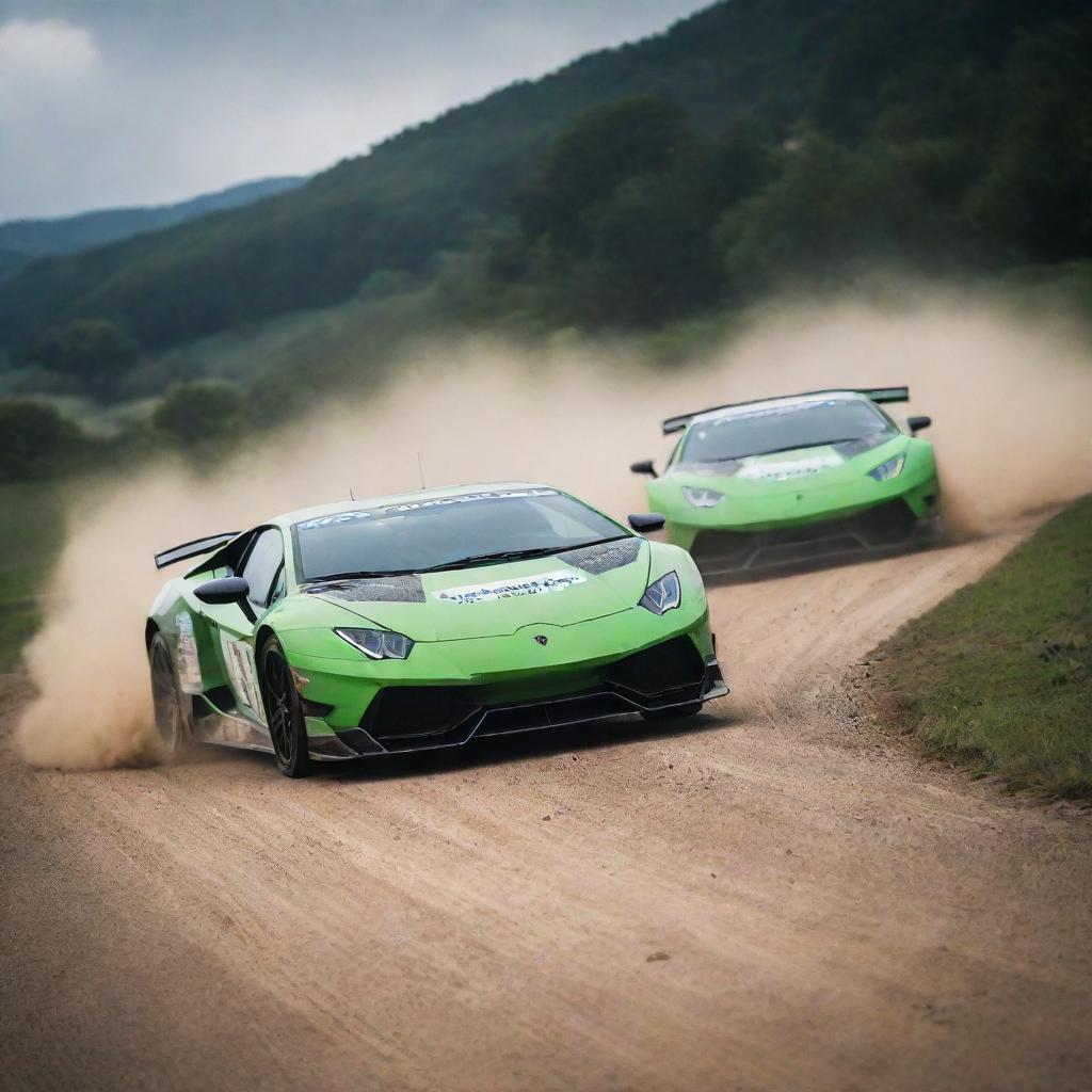 A striking image of Lamborghini cars modified for rally, showcasing their sleek design and incredible speed in action on a challenging course.