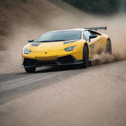 A striking image of Lamborghini cars modified for rally, showcasing their sleek design and incredible speed in action on a challenging course.