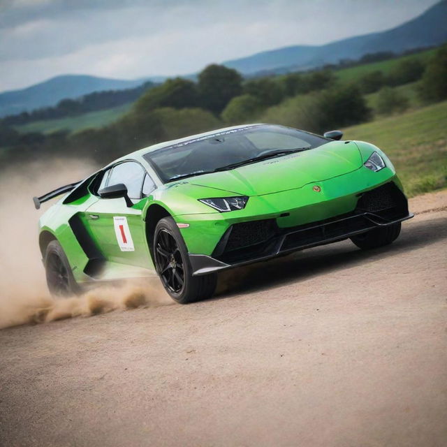 A striking image of Lamborghini cars modified for rally, showcasing their sleek design and incredible speed in action on a challenging course.