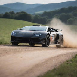 A striking image of Lamborghini cars modified for rally, showcasing their sleek design and incredible speed in action on a challenging course.