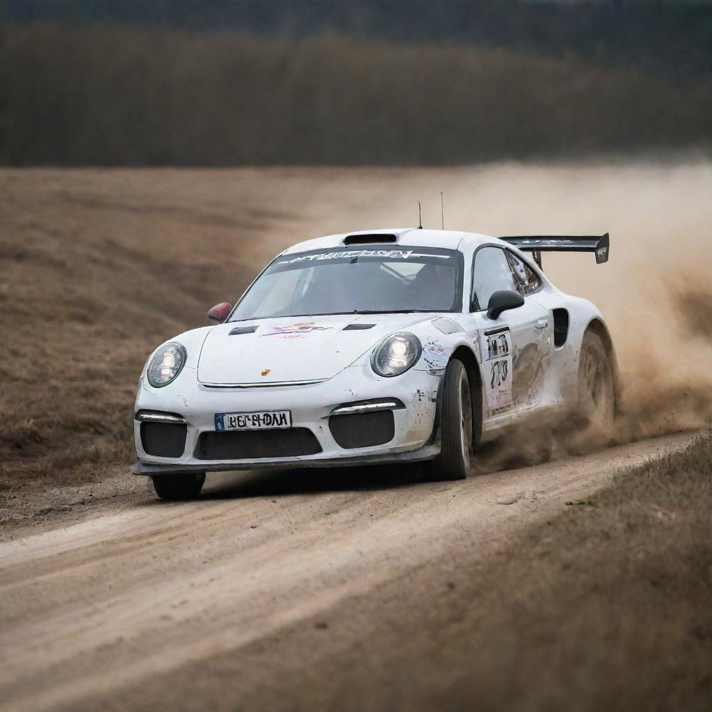 An action-packed image of Porsche rally cars, highlighting their iconic shape and exceptional performance on a challenging rally track.