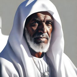 A high-quality digital art image, featuring a mysterious mentor in traditional Bedouin white clothes