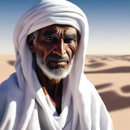 A high-quality digital art image, featuring a mysterious mentor in traditional Bedouin white clothes