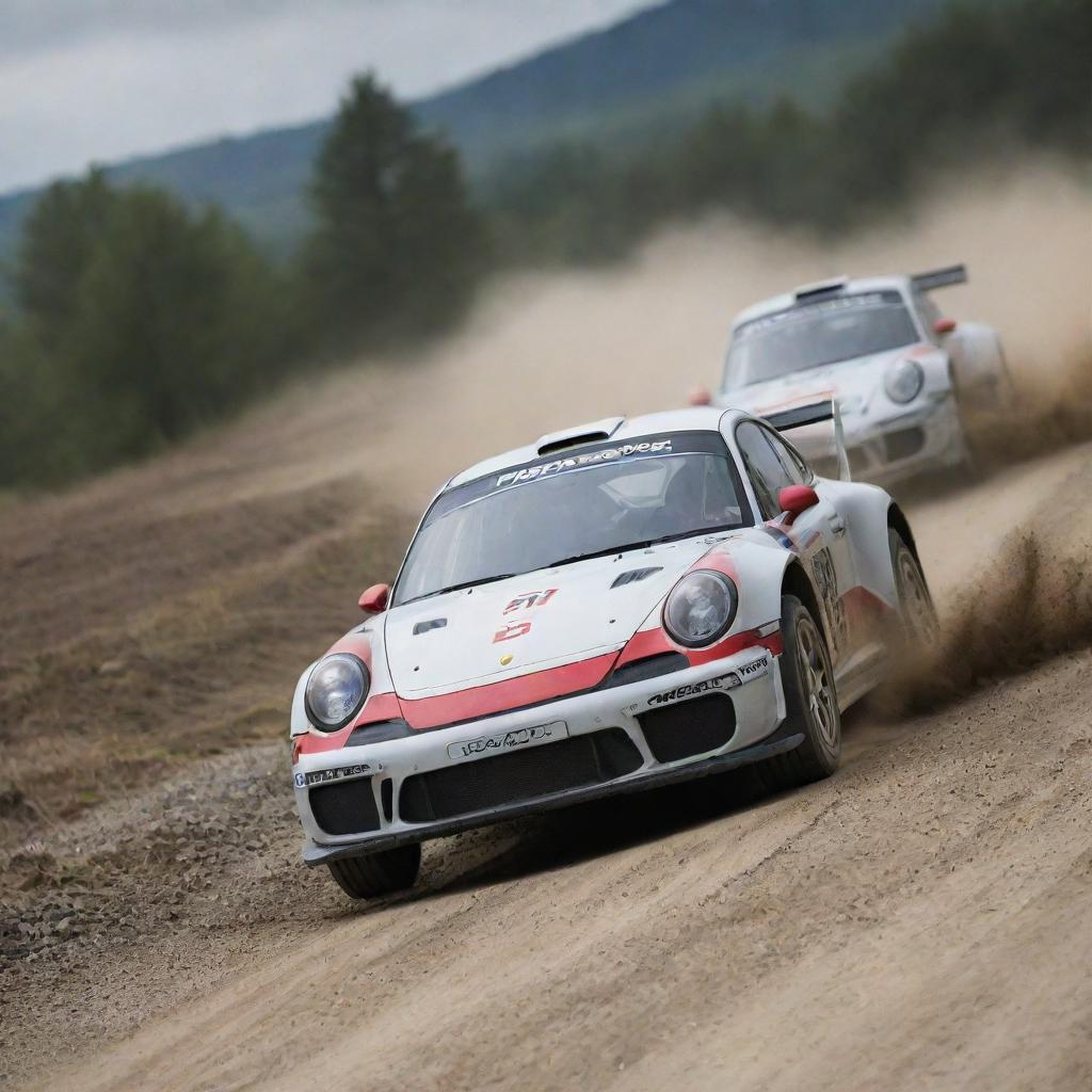 An action-packed image of Porsche rally cars, highlighting their iconic shape and exceptional performance on a challenging rally track.