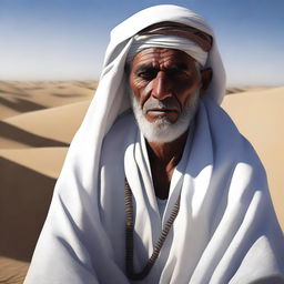 A high-quality digital art image, featuring a mysterious mentor in traditional Bedouin white clothes