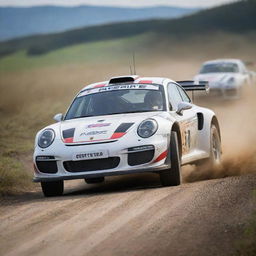 An action-packed image of Porsche rally cars, highlighting their iconic shape and exceptional performance on a challenging rally track.