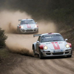 An action-packed image of Porsche rally cars, highlighting their iconic shape and exceptional performance on a challenging rally track.