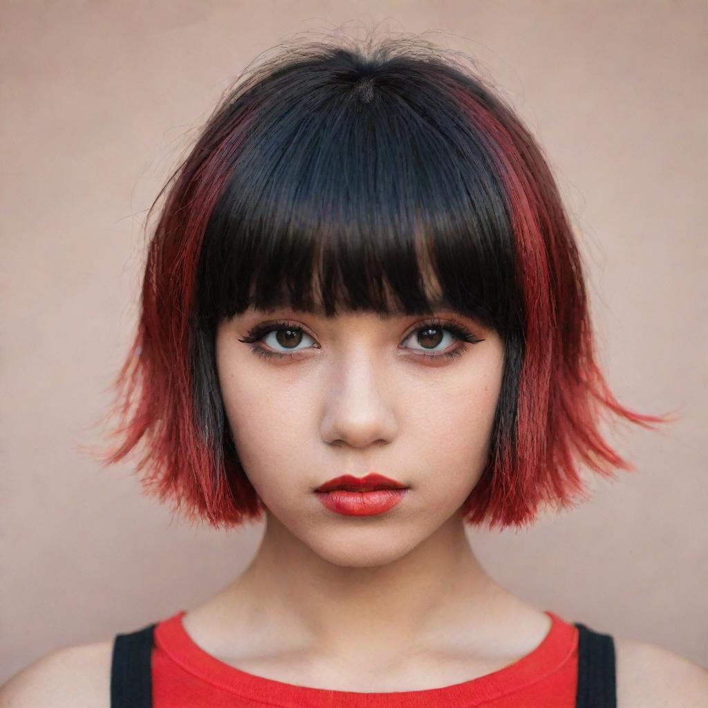 A trendy teen with sand-coloured skin, arresting brown eyes, and dramatic short hair dyed in a gradient of red and black with statement bangs.