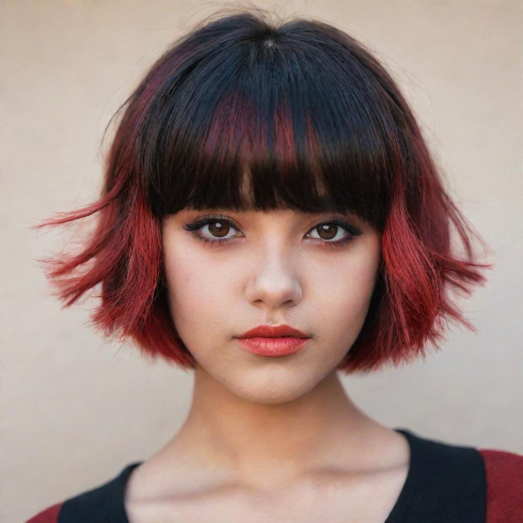 A trendy teen with sand-coloured skin, arresting brown eyes, and dramatic short hair dyed in a gradient of red and black with statement bangs.