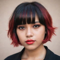 A trendy teen with sand-coloured skin, arresting brown eyes, and dramatic short hair dyed in a gradient of red and black with statement bangs.