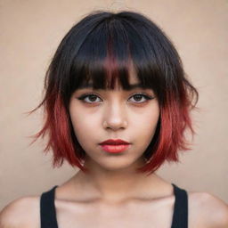 A trendy teen with sand-coloured skin, arresting brown eyes, and dramatic short hair dyed in a gradient of red and black with statement bangs.