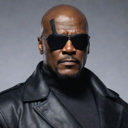 Detailed portrait of Nick Fury, a character from Marvel Comics, in his signature long coat, eye patch, and weaponry.