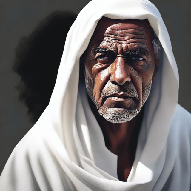 A high-quality digital art image, presenting a middle-aged, Asiatic mentor dressed in traditional Bedouin white clothes