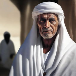 A high-quality digital art image, presenting a middle-aged, Asiatic mentor dressed in traditional Bedouin white clothes