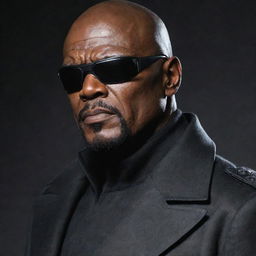 Detailed portrait of Nick Fury, a character from Marvel Comics, in his signature long coat, eye patch, and weaponry.