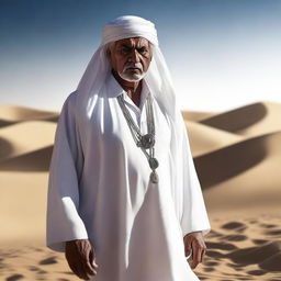 A high-quality digital art image, presenting a middle-aged, Asiatic mentor dressed in traditional Bedouin white clothes