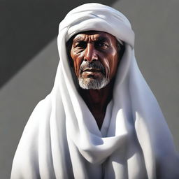 A high-quality digital art image, presenting a middle-aged, Asiatic mentor dressed in traditional Bedouin white clothes