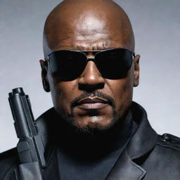 Detailed portrait of Nick Fury, a character from Marvel Comics, in his signature long coat, eye patch, and weaponry.